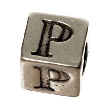 Metalen kraal, kubus, letter P, ca. 7 mm, verzilverd