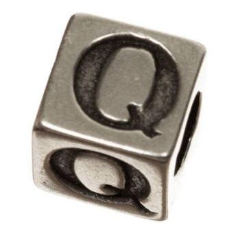 Metalen kraal, kubus, letter Q, ca. 7 mm, verzilverd