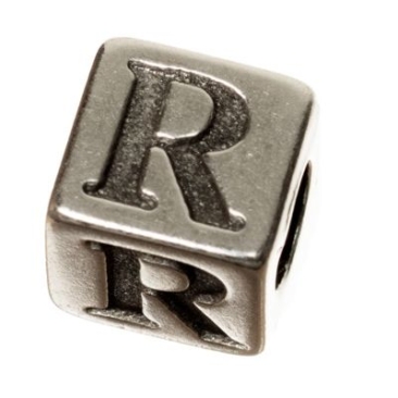 Metalen kraal, kubus, letter R, ca. 7 mm, verzilverd