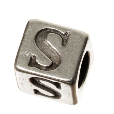 Metalen kraal, kubus, letter S, ca. 7 mm, verzilverd