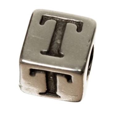 Metalen kraal, kubus, letter T, ca. 7 mm, verzilverd