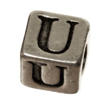 Metalen kraal, kubus, letter U, ca. 7 mm, verzilverd