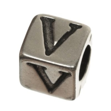 Metalen kraal, kubus, letter V, ca. 7 mm, verzilverd