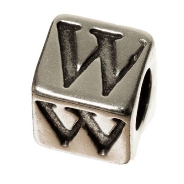 Metalen kraal, kubus, letter W, ca. 7 mm, verzilverd
