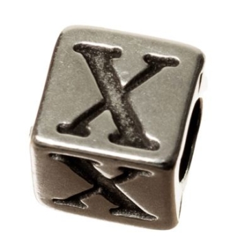 Metalen kraal, kubus, letter X, ca. 7 mm, verzilverd