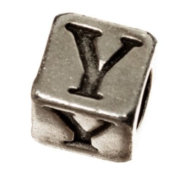 Perle métallique, cube, lettre Y, env. 7 mm, argentée