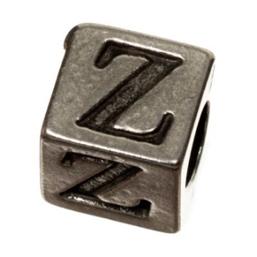 Metalen kraal, kubus, letter Z, ca. 7 mm, verzilverd