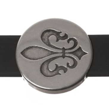 Perle métallique Slider / Perle coulissante Disque avec fleur de lys, argentée, env. 18 mm