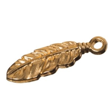Metal pendant feather, 18 x 5 mm, gold-plated