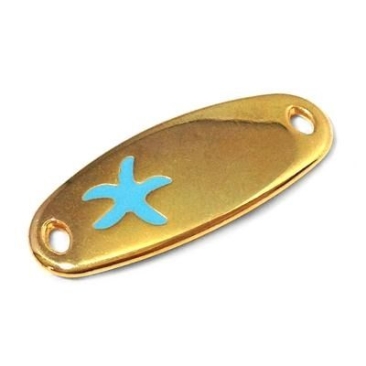 Metal pendant / bracelet connector, starfish, 34 x 14 mm, gold-plated, turquoise enamelled