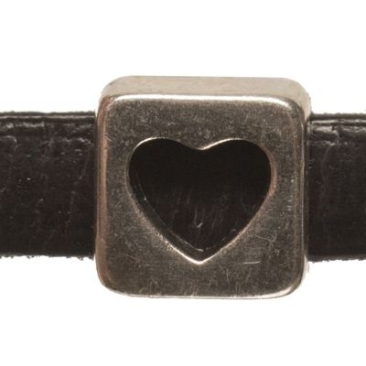 Metal bead mini slider square with heart, silver-plated, approx. 7.5 x 7.5 mm