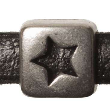 Metalen kraal mini schuiver vierkant met ster, verzilverd, ca. 7,5 x 7,5 mm