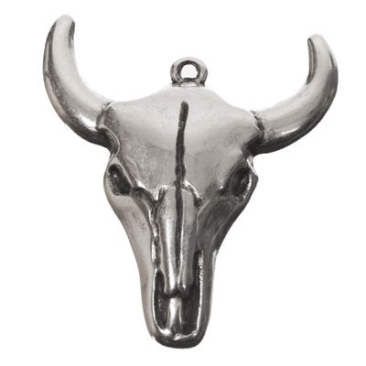 Pendentif métal tête de taureau, argenté, environ 32,5 x 28 mm