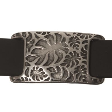 Metal bead slider square with leaves, silver-plated, approx. 26 x 14 mm