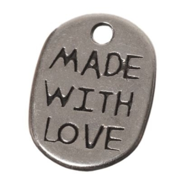 Metal pendant, oval "Made with Love", 11 x 8 mm, silver-plated