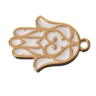Metal pendant Hamsa, 19.5 x 17 mm, gold-plated and white enamelled