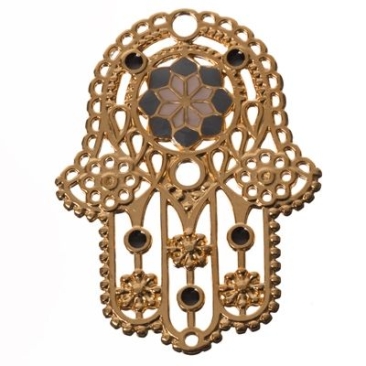 Metal pendant Hamsa, 55 x 39.5 mm, gold-plated and white-grey enamelled