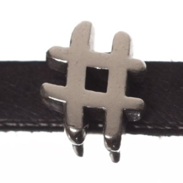 Metalen kraal mini schuifje hashtag, verzilverd, ca. 7 x 10 mm, diameter rijggat: 5,2 x 2,0 m