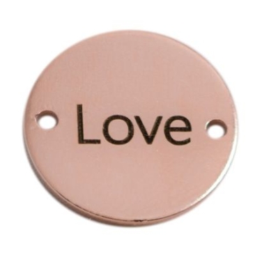 Coin bracelet connector lettering "Love", 15 mm, rose gold-plated, motif laser engraved