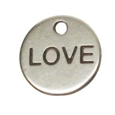 Metal pendant round, lettering "Love", 9 mm, silver-plated