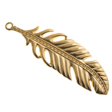 Metal pendant feather, XXL pendant, 60 x 18 mm, gold-plated
