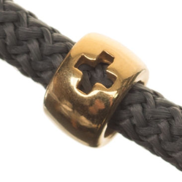Metal bead tube with cross for 5 mm sail rope, 9.5 x 9.5 mm, gold plated