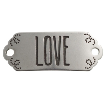 Bracelet connector square with writing "Love" 30 x 12.5 mm, silver-plated