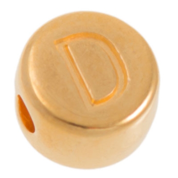 Metal bead, D letter, round, diameter 7 mm, gold plated