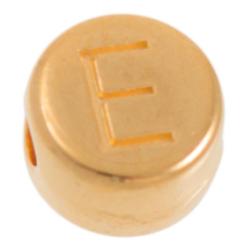 Metal bead, E letter, round, diameter 7 mm, gold plated