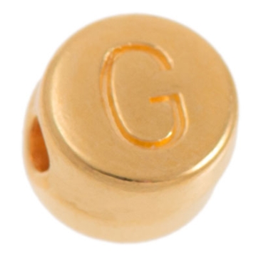 Metal bead, G letter, round, diameter 7 mm, gold plated