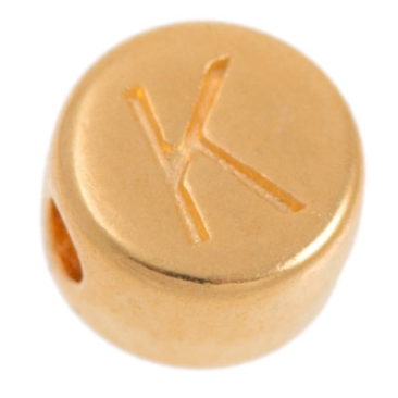 Metal bead, K letter, round, diameter 7 mm, gold plated