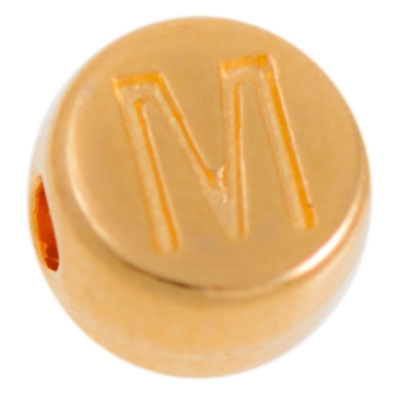 Metal bead, M letter, round, diameter 7 mm, gold plated