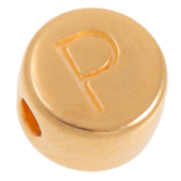 Metal bead, P letter, round, diameter 7 mm, gold plated