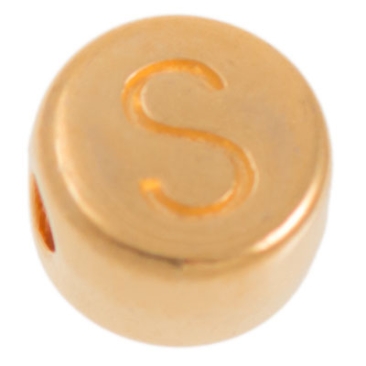 Metal bead, S letter, round, diameter 7 mm, gold plated