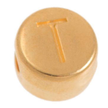 Metalen kraal, T-letter, rond, diameter 7 mm, verguld