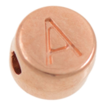 Metalen kraal, letter A, rond, diameter 7 mm, roségoud verguld