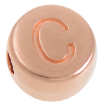 Metalen kraal, C letter, rond, diameter 7 mm, roségoud verguld