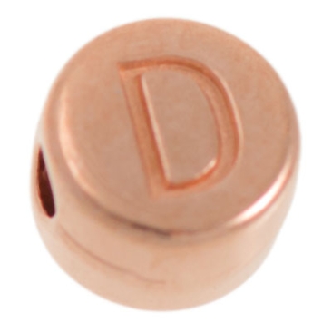 Metalen kraal, D letter, rond, diameter 7 mm, roségoud verguld