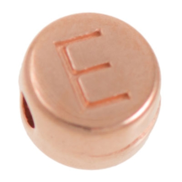 Metal bead, E letter, round, diameter 7 mm, rose gold plated