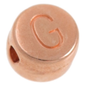 Metal bead, G letter, round, diameter 7 mm, rose gold plated