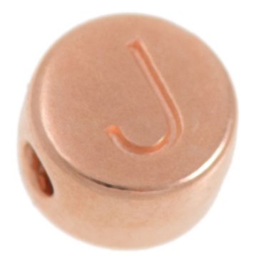 Metal bead, J letter, round, diameter 7 mm, rose gold plated
