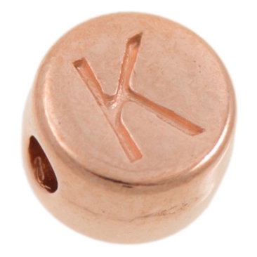 Metal bead, K letter, round, diameter 7 mm, rose gold plated