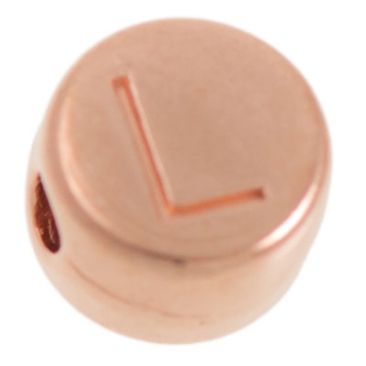 Metal bead, L letter, round, diameter 7 mm, rose gold plated