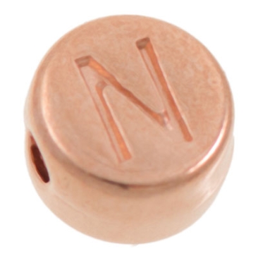 Metal bead, N letter, round, diameter 7 mm, rose gold plated