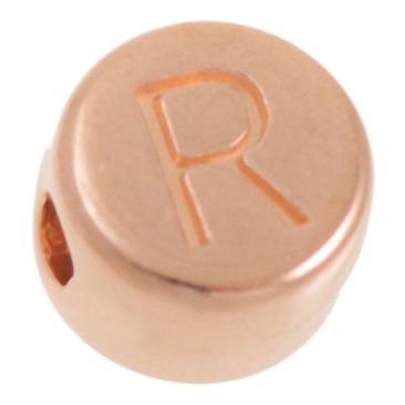 Metalen kraal, letter R, rond, diameter 7 mm, roségoud verguld