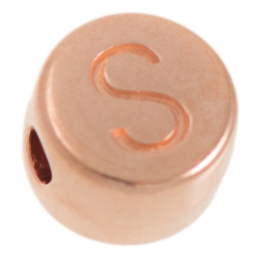 Metalen kraal, letter S, rond, diameter 7 mm, roségoud verguld