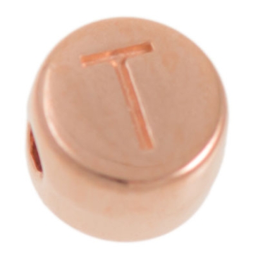 Metalen kraal, T-letter, rond, diameter 7 mm, roségoud verguld