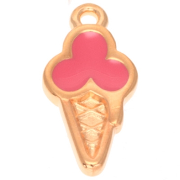 Metal pendant ice cream cone,20 x 10 mm, gold-plated, enamelled pink