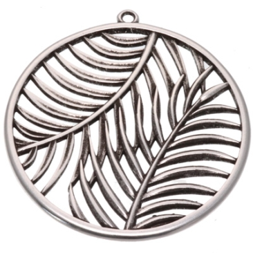 Metal pendant round with palm leaves, diameter 42 mm, silver-plated