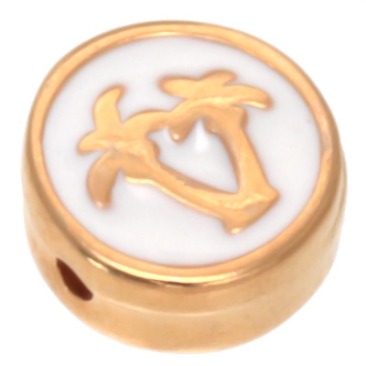 Perle métallique ronde avec motif de palmier, diamètre 9,0 mm, dorée et émaillée blanche